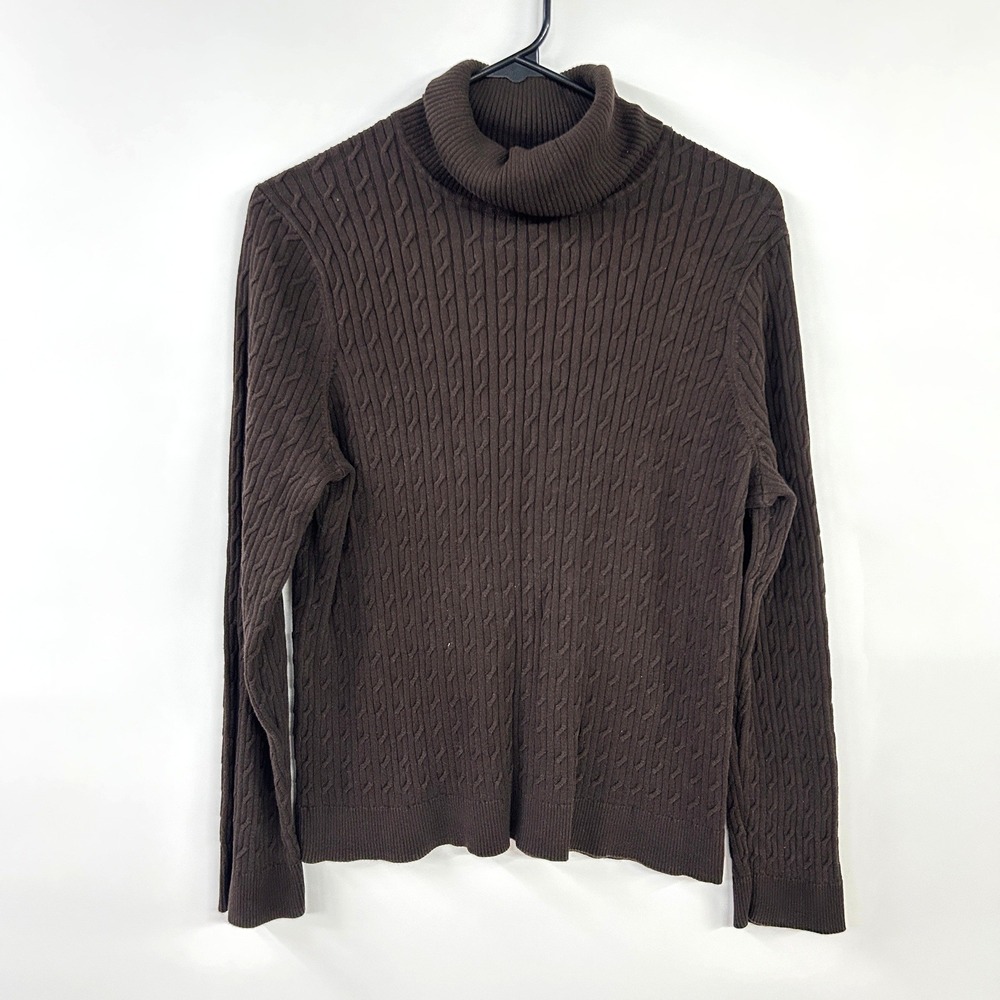 Talbots Brown Cable Knit Pima Cotton Turtleneck Sweater‎ XL Dark Academia Preppy